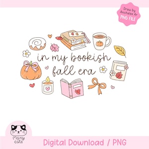 Può includere: Un'illustrazione digitale con il testo "in my bookish fall era" circondato da icone tra cui una pila di libri, una zucca con un fiocco, una tazza con una zucca, una candela, un rotolo alla cannella, foglie, fiori e un nastro in colori pastello.
