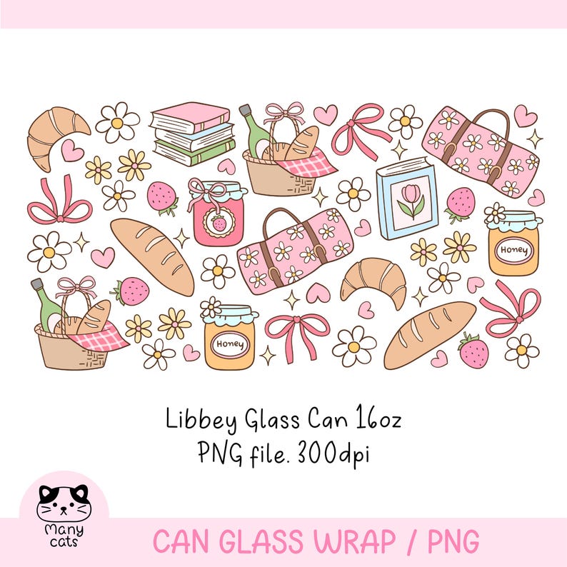 May include: A digital illustration of a picnic scene with a variety of items, including a basket, bread, croissants, jars of honey, flowers, and a blanket. The illustration is in a cartoon style and features pink, yellow, and white colors.