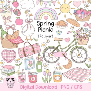 May include: A set of 39 spring picnic themed clipart illustrations. The illustrations include a bicycle, a picnic basket, a goose, a rainbow, a sun, a jar of honey, a jar of jam, a glass of lemonade, a book, a heart, a flower, a croissant, a baguette, a picnic blanket, a bottle of wine, a bag, and tulips. The illustrations are in a cartoon style and are perfect for creating invitations, cards, and other crafts.