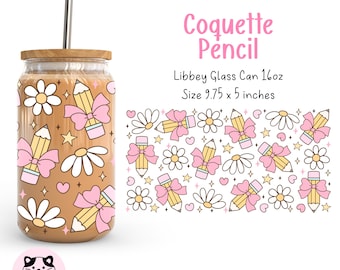 Teacher Appreciation 16oz Libbey Glass Can Wrap Png Coquette Pencil Glass Can Wrap Teacher Bows Cup Wrap Girly School Supplies Glass Can