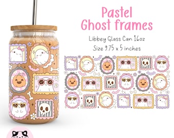 Pastel Ghost Frames 16oz Libbey Glass Can Wrap Png Spooky Halloween Libbey Can Wrap Cute Ghost UV DTF Wrap Girly Halloween Glass Design
