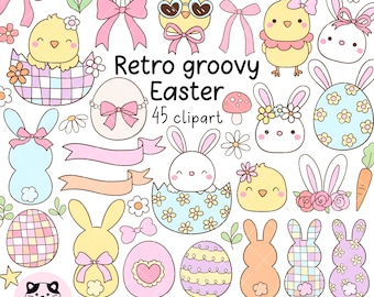 Retro groovy easter clipart Hippie clipart Spring garden clipart Pastel easter clipart Bunny Chicks Eggs Daisy Flower Easter gift png