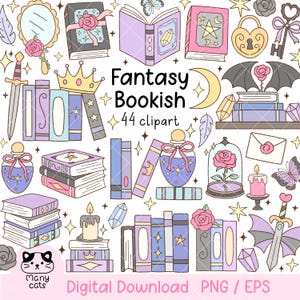 May include: A collection of fantasy-themed clipart featuring books, potions, and magical elements. The image includes a variety of books with stars, moons, and floral accents, along with a crown, key, and sword. The text "Fantasy Bookish 44 clipart" is also present.