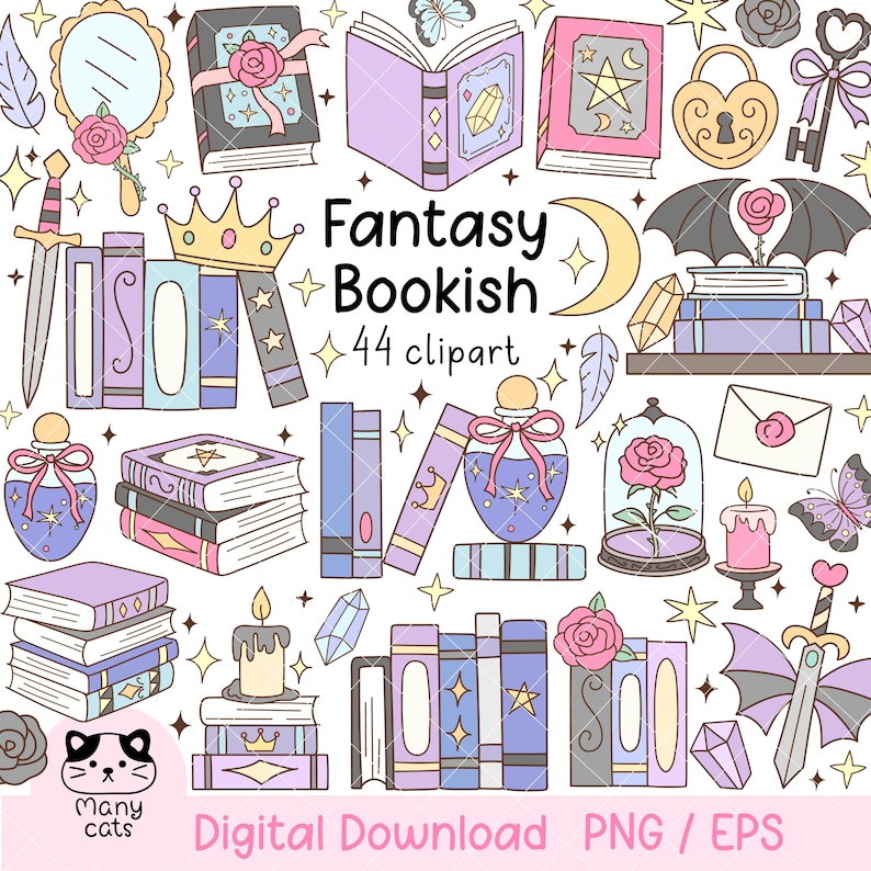 May include: A collection of fantasy-themed clipart featuring books, potions, and magical elements. The image includes a variety of books with stars, moons, and floral accents, along with a crown, key, and sword. The text "Fantasy Bookish 44 clipart" is also present.