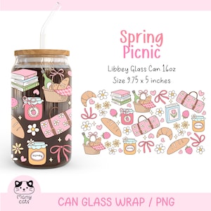 May include: A printable design for a spring picnic themed can glass wrap. The design features a variety of cute illustrations, including books, bread, flowers, and jars of honey. The design is in pink, brown, and white colors. The text "Spring Picnic" is at the top of the design. The text "Libbey Glass Can 16oz" and "Size 9.75 x 5 inches" is below the design. The text "CAN GLASS WRAP / PNG" is at the bottom of the design.