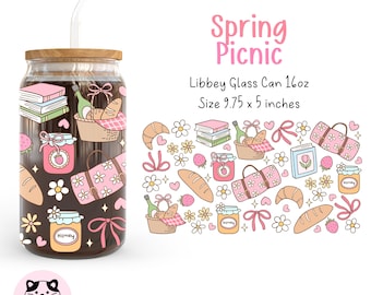May include: A printable design for a spring picnic themed can glass wrap. The design features a variety of cute illustrations, including books, bread, flowers, and jars of honey. The design is in pink, brown, and white colors. The text "Spring Picnic" is at the top of the design. The text "Libbey Glass Can 16oz" and "Size 9.75 x 5 inches" is below the design. The text "CAN GLASS WRAP / PNG" is at the bottom of the design.