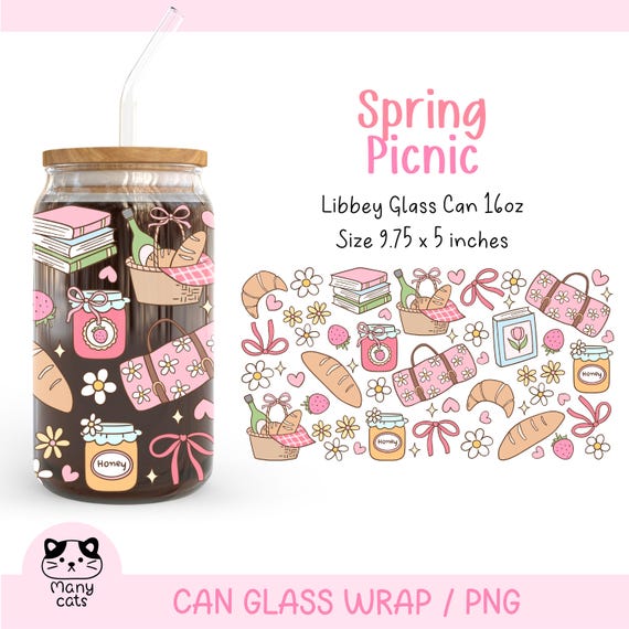 Spring Picnic 16 Oz Libbey Glass Can Wrap Png Coquette Spring Libbey Glass Can Wrap Png Cute cottagecore Png Trendy Coffee Cup Wrap