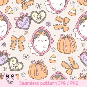 Könnte beinhalten: Ein nahtloses Muster mit Halloween-Illustrationen. Es zeigt lächelnde Geister in rosa Rahmen, Kürbisse mit rosa Schleifen, Zuckermais, Schleifen und herzförmige Medaillons mit Totenköpfen und dem Wort "Boo!" auf hellrosa Hintergrund.