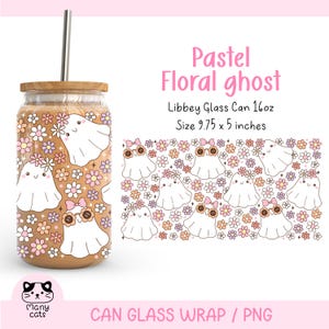 Floral Ghost 16oz Libbey Glass Can Wrap Png Pastel Girly Ghost Glass Can Cute Halloween Tumbler Png Spooky Halloween Iced Coffee Cup Png