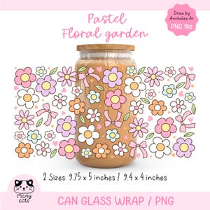 Envoltorio para lata de vidrio Libbey de 16 oz con diseño floral pastel (PNG). Envoltorio para vasos con diseño de flores de primavera. Envoltorio para tazas de café helado estilo cottagecore. Envoltorio para vasos de primavera coqueta.