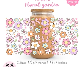 Pastellblommig trädgård 47 cl Libbey glasburkförpackning png vårblomma glasförpackning Cottagecore iskaffekoppförpackning Coquette vårglasförpackning