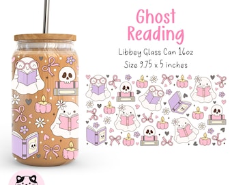 Ghost Reading 16oz Libbey Glass Can Wrap Png Bookish Ghost Glass Can Girly Coquette Ghost Png Pastel Halloween Coffee Cup Book Lover Gift