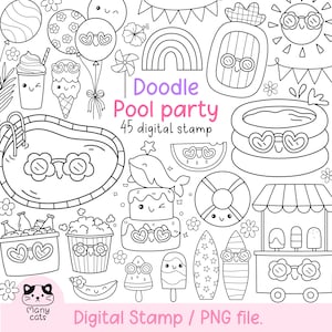 Peut inclure: Tampons numériques en noir et blanc sur le thème d'une fête au bord de la piscine. Comprend une piscine, des lunettes de soleil, de la crème glacée, un gâteau, une planche de surf et le texte "Doodle Pool party 45 digital stamp".