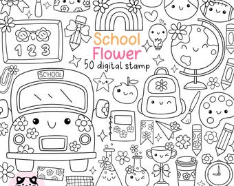 School flower digital stamp Doodle back to school stamp Positive vibe coloring png Outline School bus Book Apple Pencil School coloring page