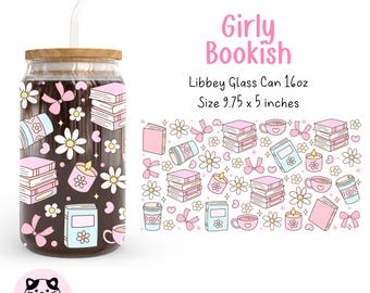 Girly bookish 16oz Libbey Glass Can Wrap Png Book Lover Libbey Glass Can Wrap Coquette Girly Png Books Coffee Glass Can Pastel Books Png