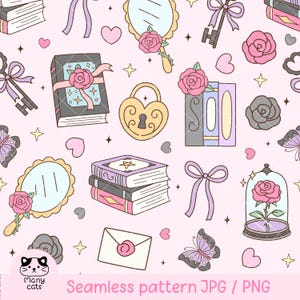 May include: Seamless pattern with a light pink background featuring various illustrations. Includes books, keys, mirrors, roses, butterflies, hearts, and a heart-shaped lock. The text "Seamless pattern JPG / PNG" is at the bottom.