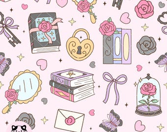 Peut inclure: Motif sans couture sur fond rose clair. Il présente des illustrations de livres, de clés, de miroirs, de roses, de papillons, de cœurs et d'un cadenas en forme de cœur. Le texte "Seamless pattern JPG / PNG" est en bas.