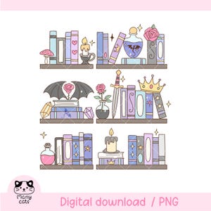 Puede incluir: Ilustración digital de tres estantes llenos de libros, velas y objetos decorativos. Los libros son de varios colores, con corazones, estrellas y otros diseños. También se ve una botella de poción rosa y una corona. El texto "Digital download / PNG" está en la parte inferior.