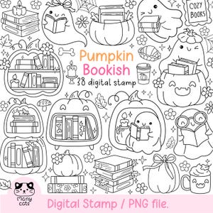 Peut inclure: Ensemble de tampons numériques en noir et blanc sur le thème des citrouilles et des livres. Comprend des citrouilles, des fantômes, des livres, des bougies et le texte "Pumpkin Bookish 38 digital stamp".