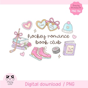 Peut inclure: Illustration numérique avec des éléments sur le thème du hockey et des livres. Comprend des patins à glace roses, une crosse de hockey, des livres, des cœurs, un palet et un bonnet. Le texte indique "hockey romance book club" et "Digital download / PNG".