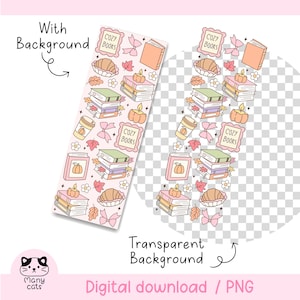 May include: A digital download PNG file featuring a repeating pattern of cozy autumn-themed illustrations. The design includes stacks of books, pumpkins, coffee cups, bows, and the text "COZY BOOKS". The design is available with and without a background.