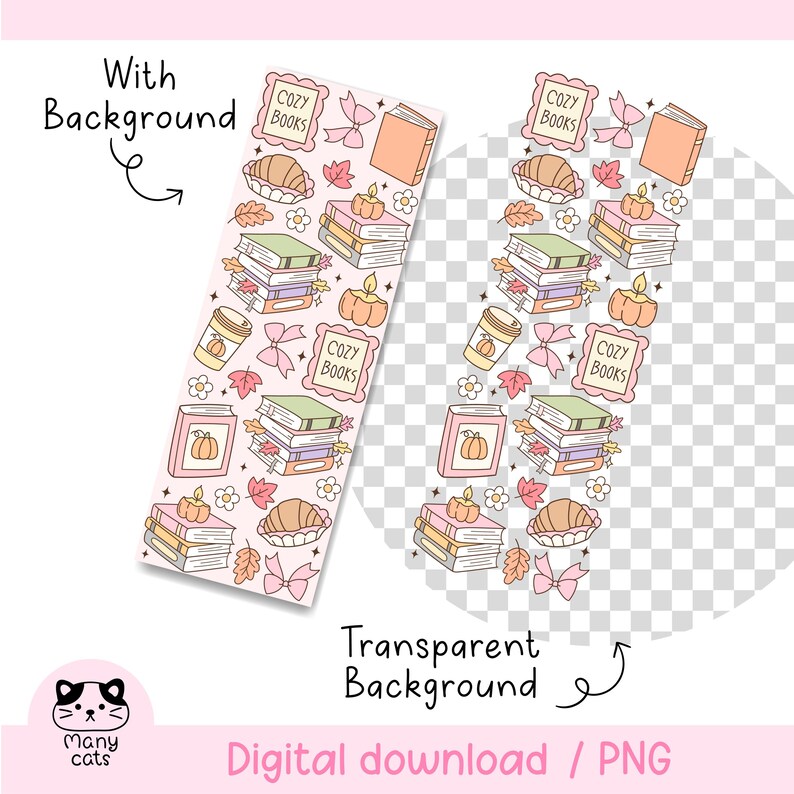 May include: A digital download PNG file featuring a repeating pattern of cozy autumn-themed illustrations. The design includes stacks of books, pumpkins, coffee cups, bows, and the text "COZY BOOKS". The design is available with and without a background.