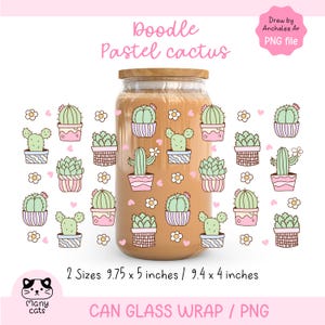 Envoltorio PNG para lata de vidrio Libbey de 16 oz con diseño de cactus pastel, imagen de planta de interior PNG, envoltorio PNG para lata de vidrio Libbey de verano con diseño del oeste, mini envoltorio para taza con diseño de cactus PNG