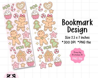May include: Two bookmark designs featuring gingerbread people, houses, trees, and candies on a pink background. The text "Bookmark Design" is displayed, along with size and file details. The image includes the text "Digital download / PNG".