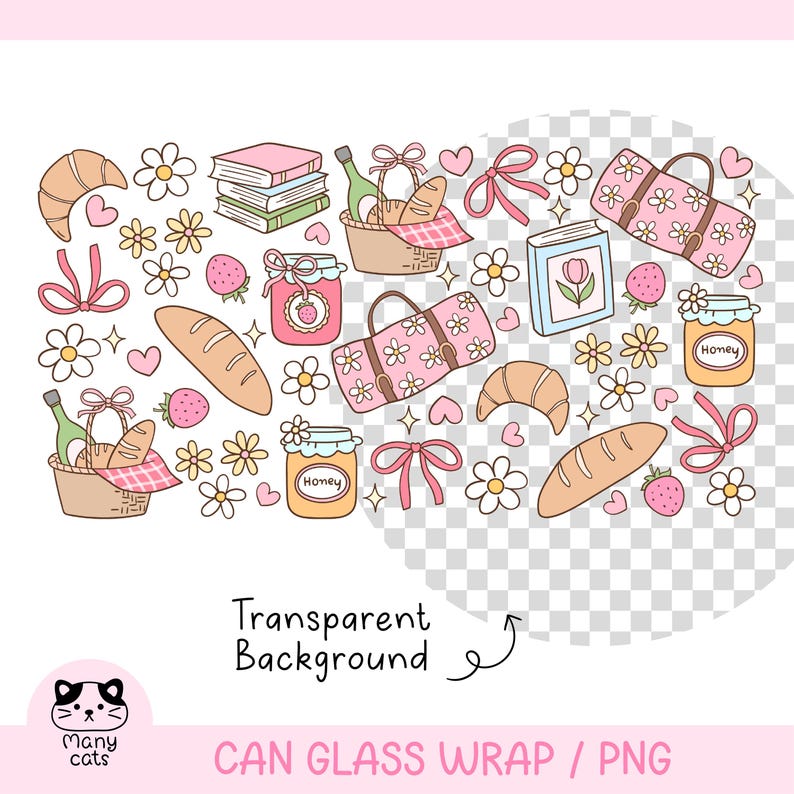 May include: A digital illustration of a picnic scene with a variety of items, including a basket, bread, honey jars, flowers, and a blanket. The illustration is in a cartoon style with bright colors and a whimsical feel.