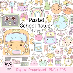Op de afbeelding: Een set van 54 pastelkleurige clipart-afbeeldingen met schoolthema's. De afbeeldingen omvatten een schoolbus, een rugzak, een appel, een aardbol, een potlood, een palet, een trofee, een koffiebeker, een klok en meer. De afbeeldingen zijn perfect voor leerkrachten, ouders en kinderen die graag leren.