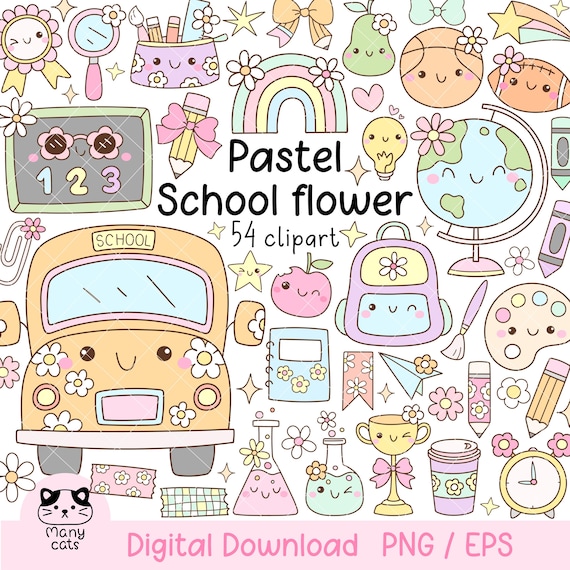 Pastel school clipart Girly teacher png Back to school png Education clipart Positive vibe png School bus Books Apple Pencil Classroom decor