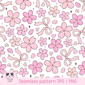 コケット桜シームレスパターン ピンクの春のパターン 桜の花の繰り返しパターン 美的ピンクのリボン 女の子の花のデジタルペーパー
