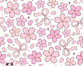 Coquette cherry blossom seamless pattern Pink spring pattern Sakura flower repeating pattern Aesthetic pink bows Girl flower digital paper