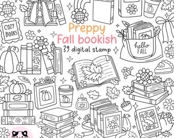 Preppy Fall Bookish Digital Stamp, Autumn Book Coloring, Coquette Fall Stamp, Cozy Readers Stamp, Girly Autumn, Book Lover Coloring Page