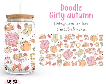 Doodle Girly Autumn 16oz Libbey Glass Can Wrap Png Coquette Autumn Libbey Can Wrap Cozy Fall Aesthetic UV DTF Wrap Autumn Glass Design Png