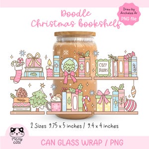 May include: A can glass wrap with a doodle Christmas bookshelf design. The design includes shelves with books, gifts, a Christmas tree, and a mug of hot chocolate. The wrap is available in two sizes: 9.75 x 5 inches and 9.4 x 4 inches.