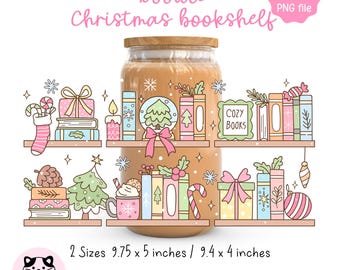 Doodle kerst boekenplank beker wrap png kerst leesgrage beker wrap uv dtf kerst wrap gezellig lezen kerstboek glas wrap