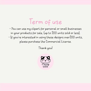 May include: A light pink background with the text "Term of use" in pink. Below the text are usage terms for clipart, followed by "Thank you!" and a logo with a cat face and the words "Many cats".