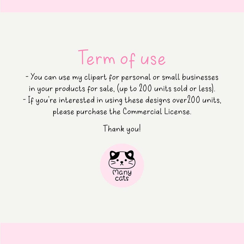 May include: A light pink background with the text "Term of use" in pink. Below the text are usage terms for clipart, followed by "Thank you!" and a logo with a cat face and the words "Many cats".