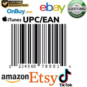 May include: A black and white UPC/EAN barcode with the numbers 1 234560 78901 4. The image includes the logos for eBay, Etsy, Amazon, TikTok, iTunes, and OnBuy.com, along with "Lifetime Guaranteed" and "Warranty" badges.