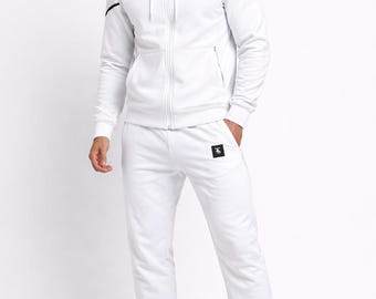 Conjunto deportivo blanco para hombre: sudadera con cremallera y pantalones deportivos, corte ajustado
