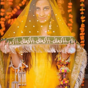 Yellow Bridal Net Dupatta: Heavy Kiran Lace, Pakistani Wedding Wear
