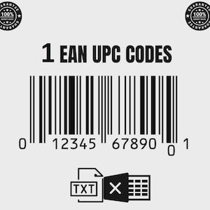 Może przedstawiać: Czarny i biały kod kreskowy z tekstem "1 EAN UPC CODES" powyżej. Poniżej kodu kreskowego znajdują się liczby "0 12345 67890 1". Obraz zawiera również ikonę pliku "TXT", ikonę "X" i ikonę arkusza kalkulacyjnego.