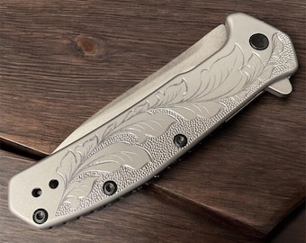 Hand Engraved knife Kershaw Outcome assisted flipper stainless steel handle folding pocket knife