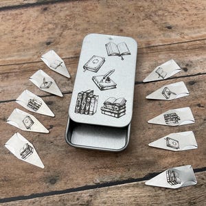 Engraved Book Darts Set: Books Stainless Steel Bookmarks with Storage Tin Library Book Stacks
