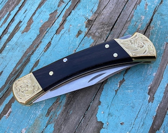 Hand Engraved Scrollwork Buck 110 Ebony Wood Handles Folding Hunter, Lockback, Leather Sheath