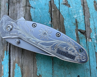 Hand Engraved knife Kershaw Scallion assisted flipper stainless steel handle folding pocket knife