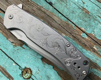Hand Engraved knife Kershaw Scour assisted open stainless steel handle folding pocket knife scroll flowers north south original artwork