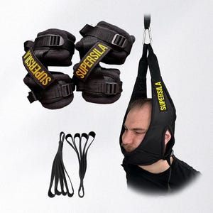 May include: Black neck and wrist traction devices with yellow text reading "SUPERSILA". The set includes wrist cuffs, a neck sling, and black rubber bands. A person is using the neck sling.
