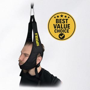 May include: Black neck traction device with the word "SUPERSILA" in yellow. The device is suspended from a metal clip. A yellow and black circular sticker with the words "BEST VALUE CHOICE" is also visible.